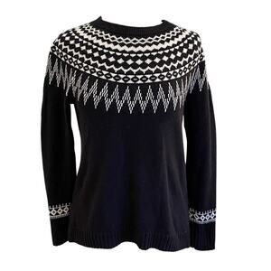 Talbots Cotton Wool Blend Crewneck Fair Isle Sweater, Black Ivory, Size M
